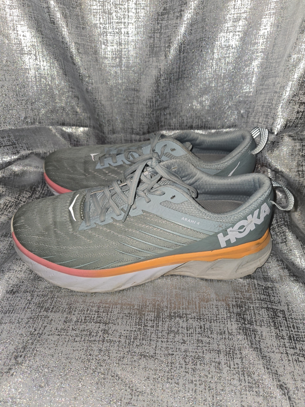 Hoka Arahi 4 Women's Stability Running Shoe - Gray with Coral & Orange Accents